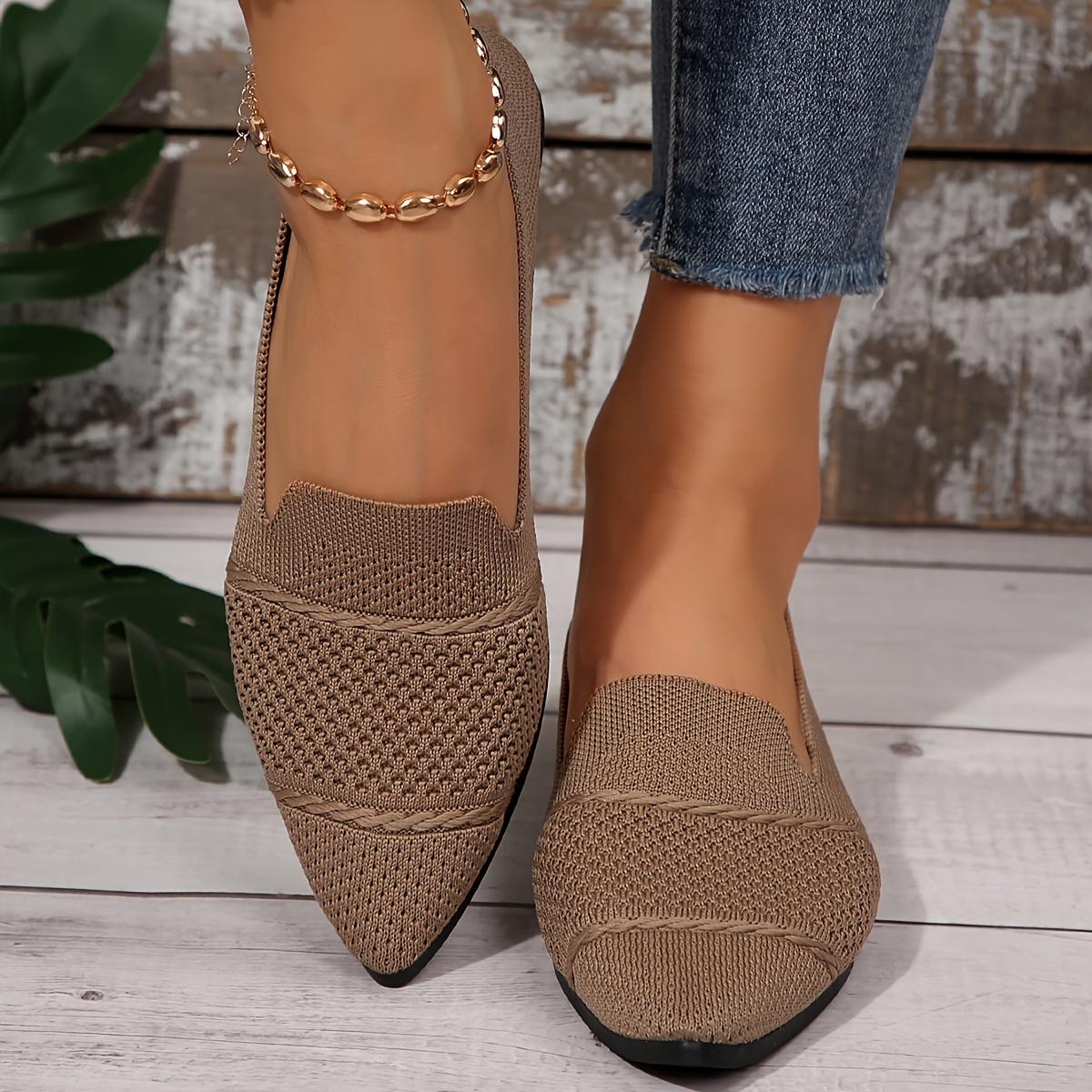 Elegant Ballet Flat Shoes For Women, Slip-On Breathable Soft Sole Daily Knitted Ballets, Point Toe Daily Wear
