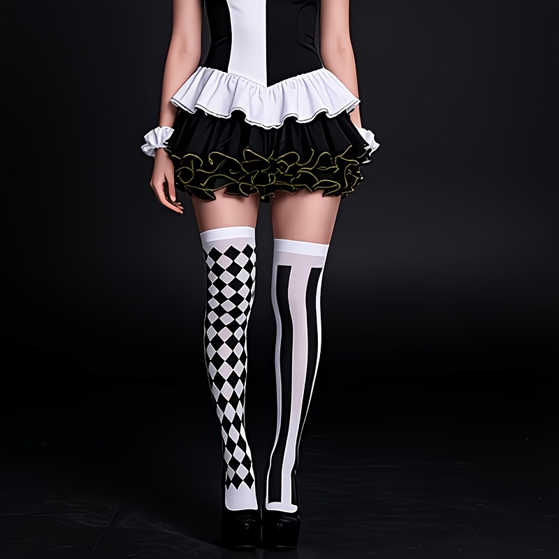 TEMU 1 Pair Ab Asymmetrical Over-the-knee Socks, Diamond Checkered And Pinstripe Patterns, High-elastic Shaping, Cosplay, Halloween Party Attire,