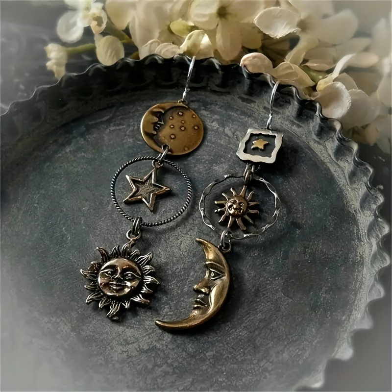 

Boho Vintage Style Zinc Alloy Drop & Dangle Earrings, Asymmetrical Sun Moon Star Design, Daily Wear Jewelry For Women, No Plating - 1 Pair