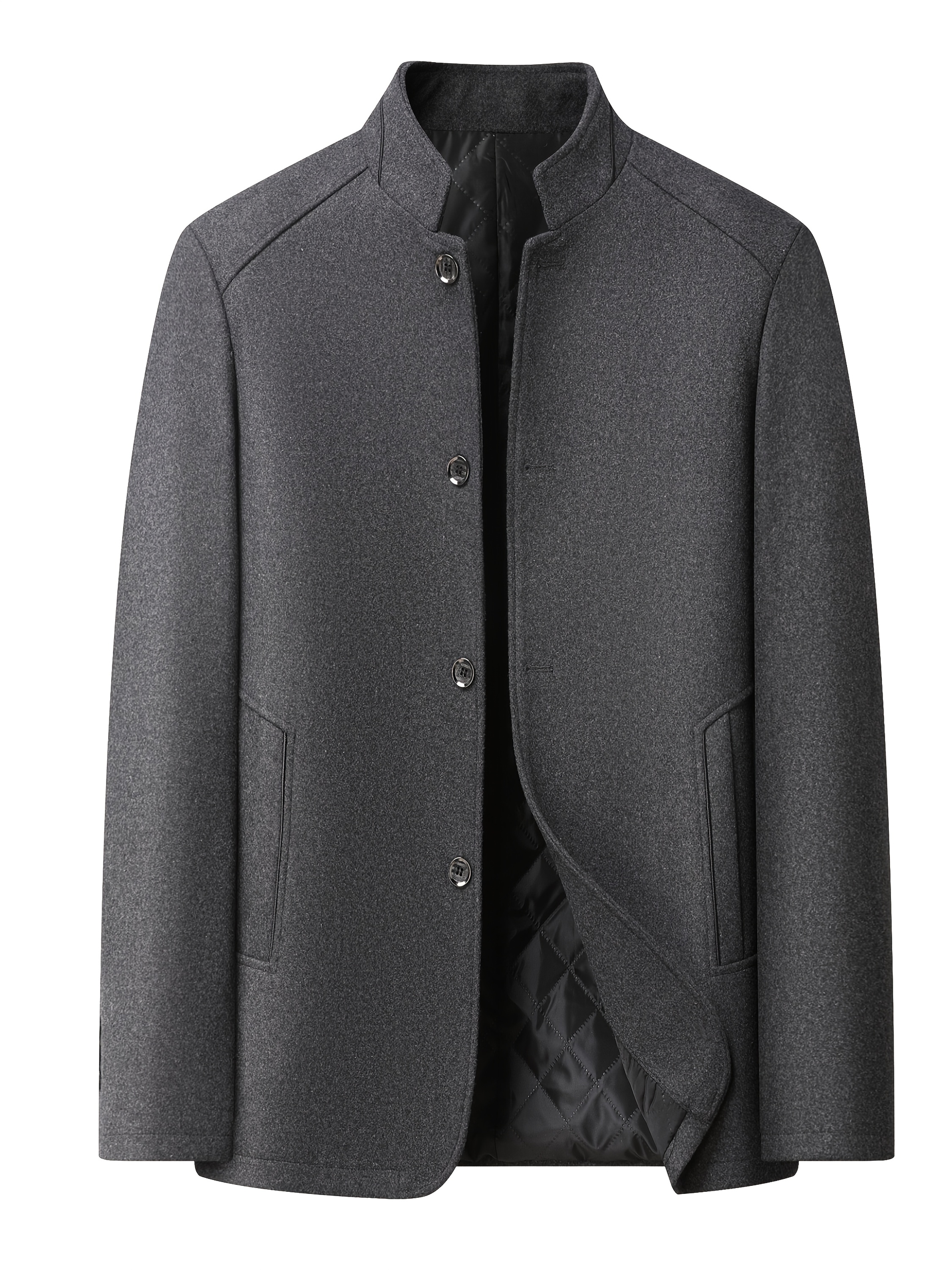 mens black stand collar tweed coat business casual solid color button up jacket with chest pockets polyester lined regular fit for   fall outerwear flannel lined interior elegant tailoring 0