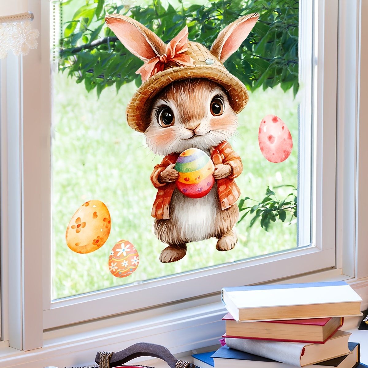 

Easter Bunny With Hat & Eggs Window Cling Decal - 20x30cm, Double-sided Static Pvc Sticker, Cute Cartoon Rabbit Design For Decoration, Rabbit Accessories