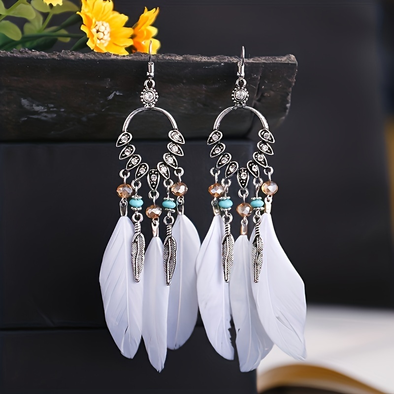 TEMU Long Tassel Style Feather Shaped Women's Earrings, Bohemian Ethnic Style Women's Earrings, Fashionable Jewelry Additions