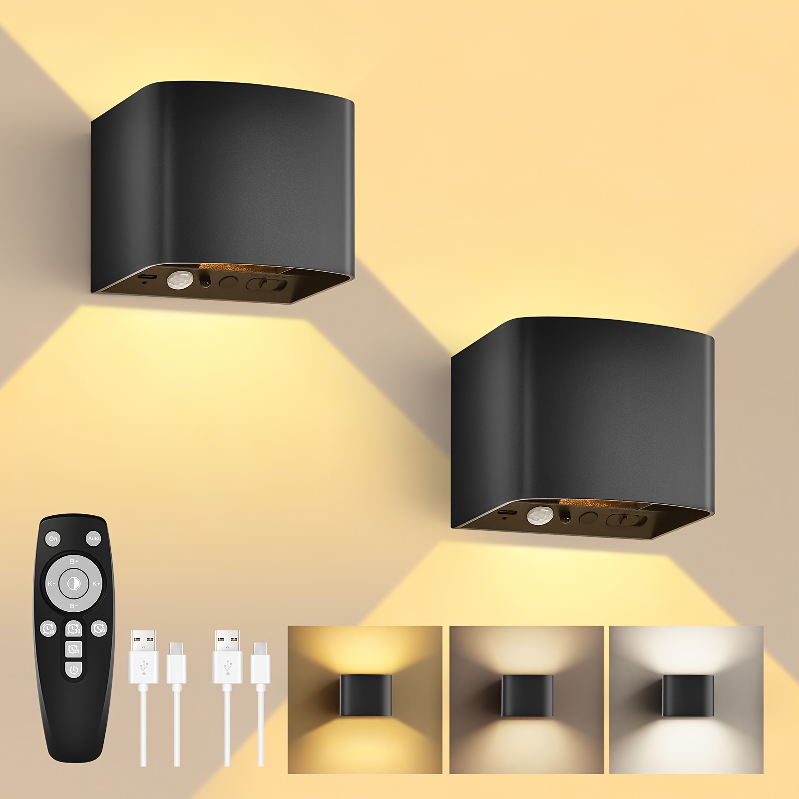 Image of Uring Rechargeable Indoor Wall Light With Motion Sensor, Remote Control, 3 Colors, Up And Down Lighting, Indoor Led Wall Lamp, 3 , Rechargeable Battery Operated, Adjustable Brightness, 2 Pack