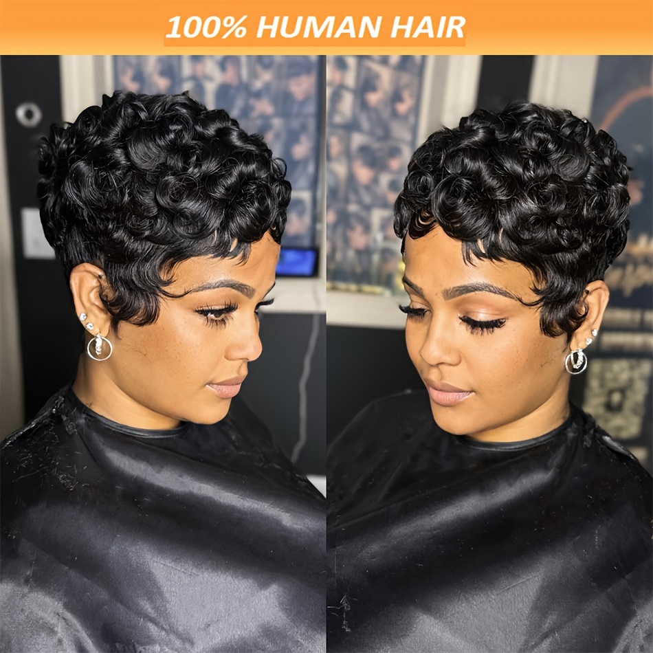 

Chic Short Curly Pixie Cut Wig For Women - Glueless Brazilian Human Hair, 180% Density, Natural Black