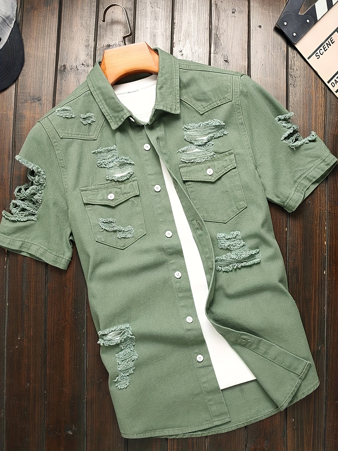 mens streetwear summer olive green denim shirt short sleeve Temu