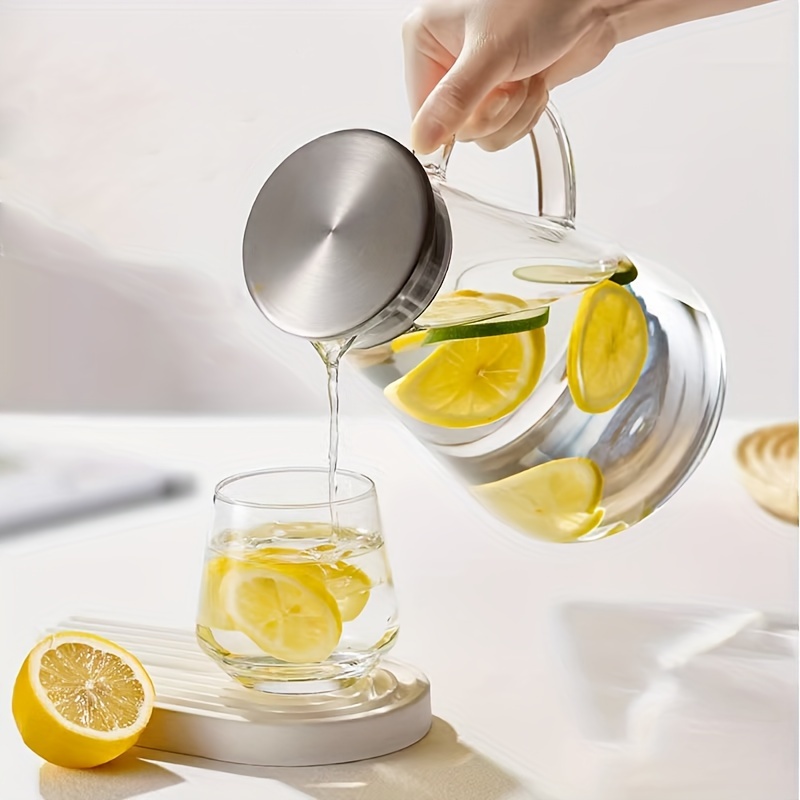 1pc heat resistant glass pitcher with lid 1 8l clear beverage carafe with handle for hot cold drinks juice coffee lemonade easy   for   office drinkware accessory   christmas new year gift details 6