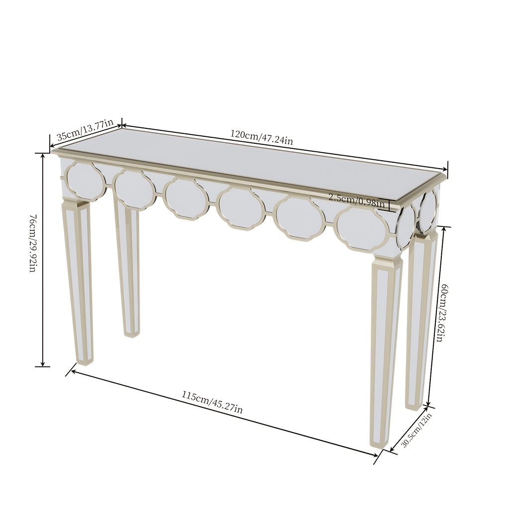 AESOME Luxury Elegant Mirrored Console Table 47.24 Rectangular Silver Mirrored Entryway Table Lantern-Shape Pattern Decor with Golden Rim Legs Sofa Side Tables Long Hallway Table for Foyer, Entrance, Offices Decor