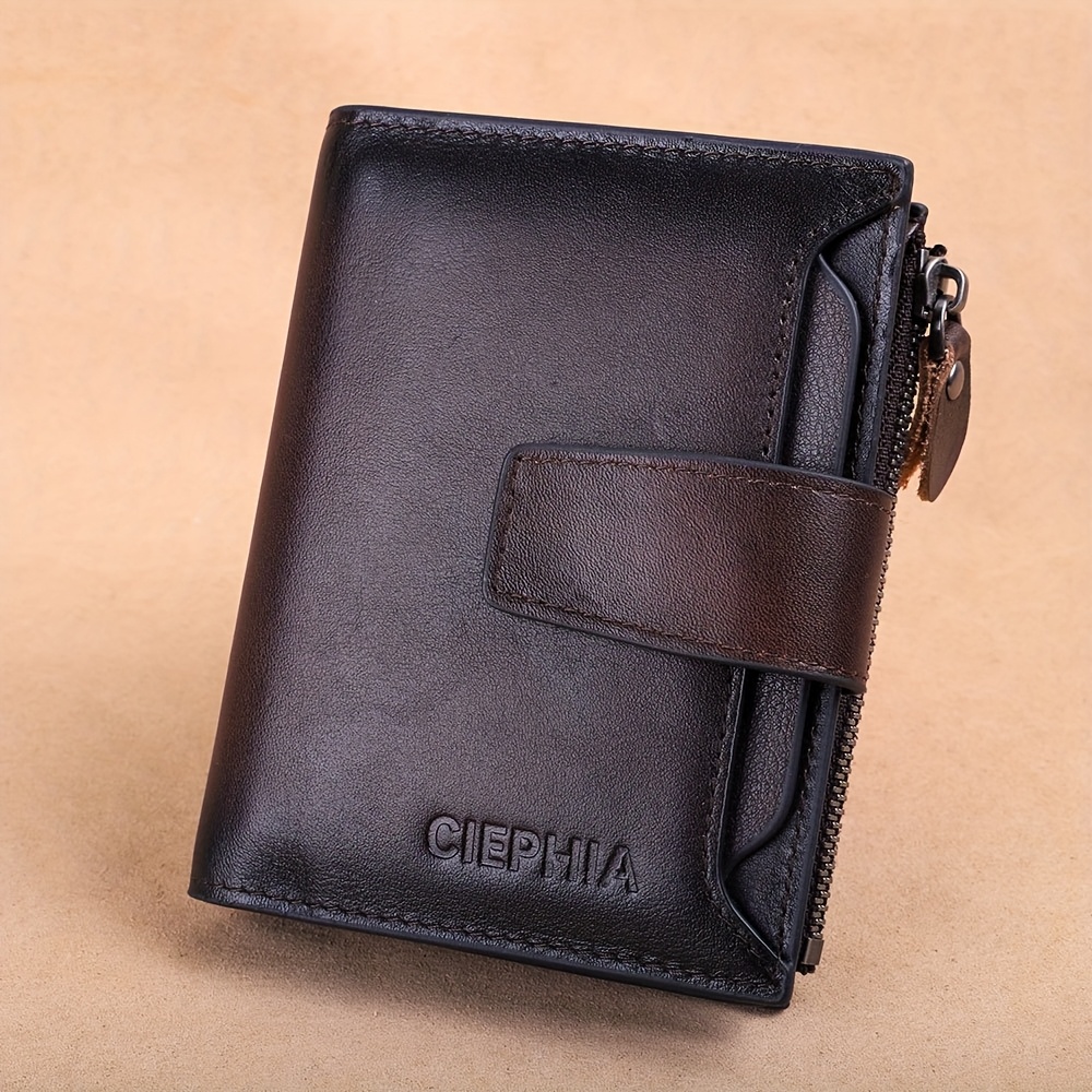 Image of Vintage Genuine Leather Wallets, Top Layer Cowhide Rfid Blocking Trifold Wallet With 18 Card Slots Cash Slots Zipper Coin Pouch Gifts