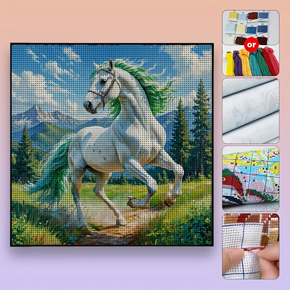 Frameless Stitch Printing Kit, "White Horse Galloping in The Mountains" Pattern