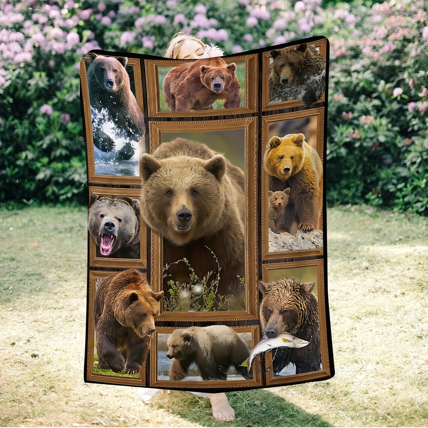 

Contemporary Animal-themed Soft Flannel Throw Blanket With Creative Brown Bear Montage Design, Cozy Knitted Polyester Sofa Cover, Versatile All-season Tv Blanket, Unique Gift For