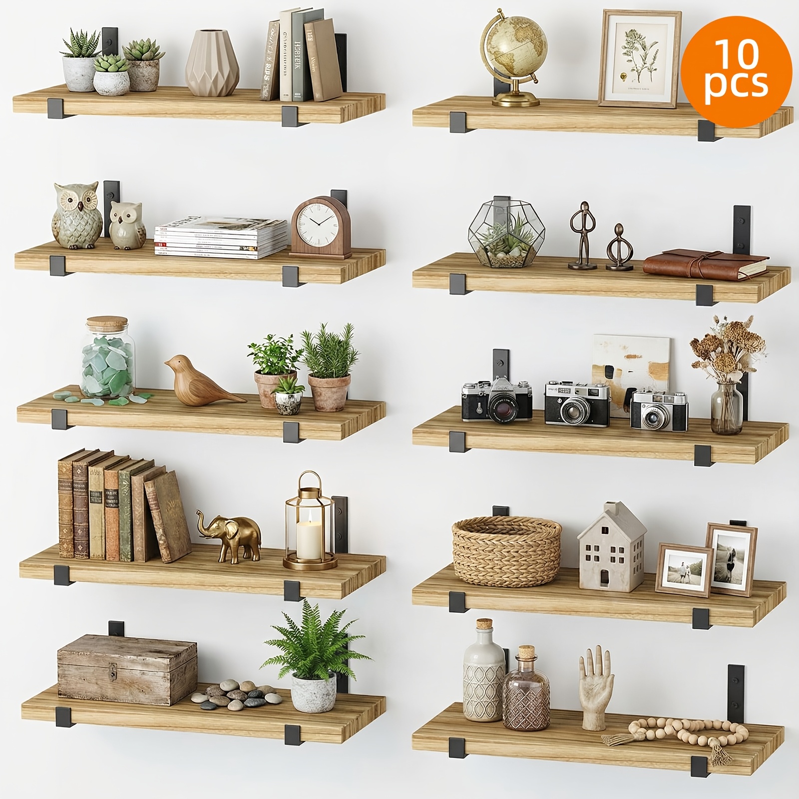 TEMU Tomnk 10pcs Wooden Storage Shelves, 15.8 Inch, Home Storage Decoration Utility Shelf For Bathroom And Kitchen, Rustic Mounted Floating Shelves,