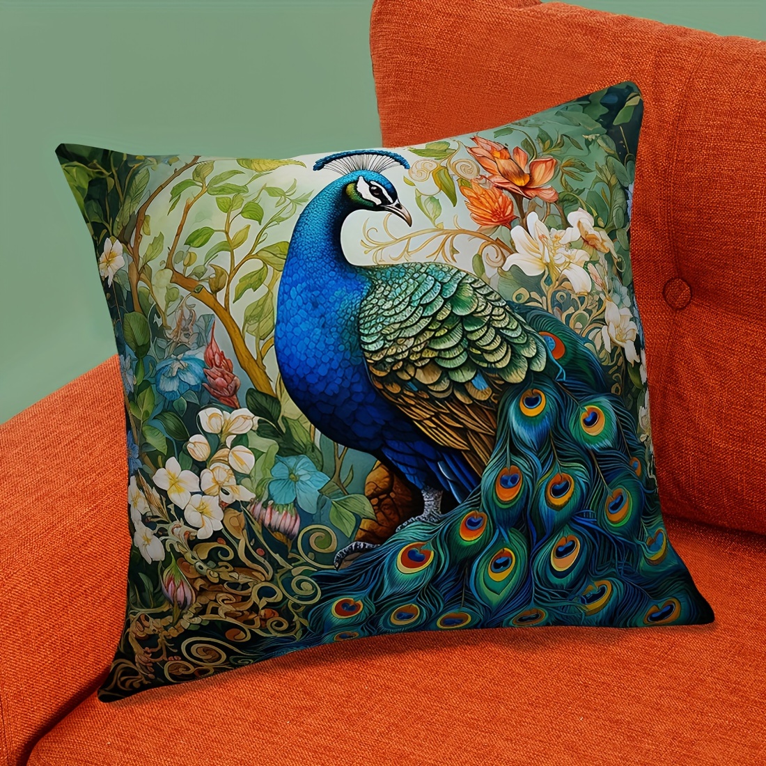 

1pc, Double-sided Peacock Oil Painting Peach Fleece Throw Pillow Cover, Home Comfortable Pillow Cover, Living Room Bedroom Sofa Cushion Cover