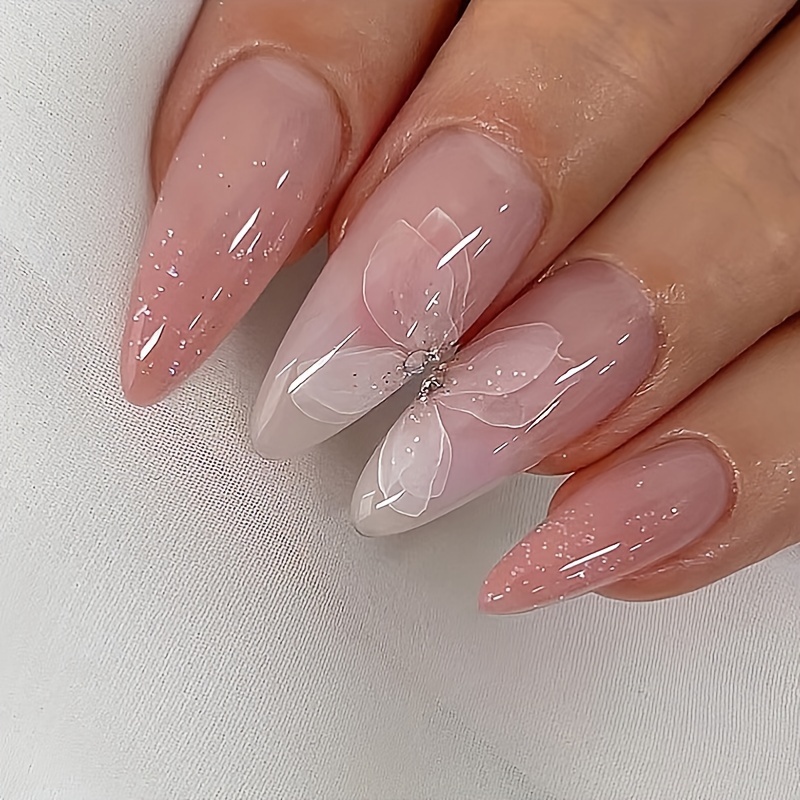 TEMU 24pcs Uñas Falsas De Almendra Mediana Brillante, Gradiente De Rosa Transparente Hielo Con Diseño De Flores, Dulces Uñas Falsas Para Mujeres Y