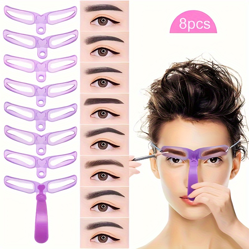 

8pcs Hypoallergenic Eyebrow Shaping Kit With Handle - Purple Stencils For Perfectly Brows, Reusable Grooming Tool Set