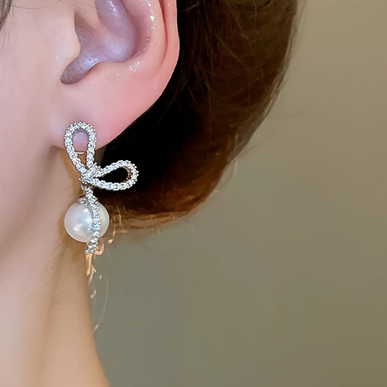 Elegant Bow Imitation Pearl Pendant Earrings with Zirconia