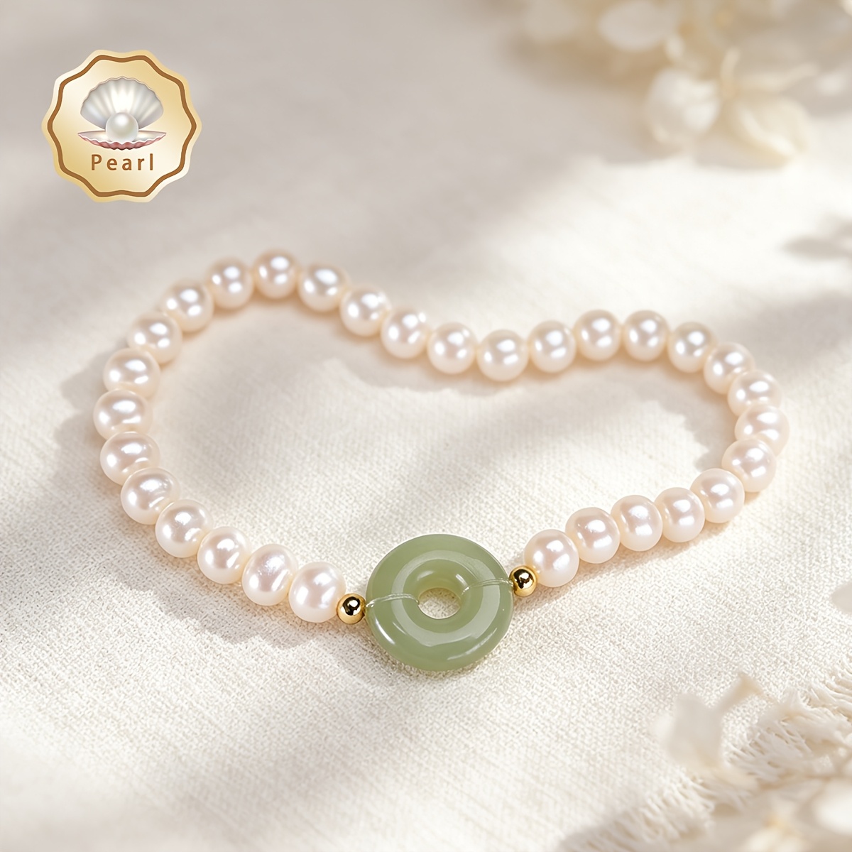 Women's Freshwater Pearls & Green Stones Bracelet, Gift Boxed