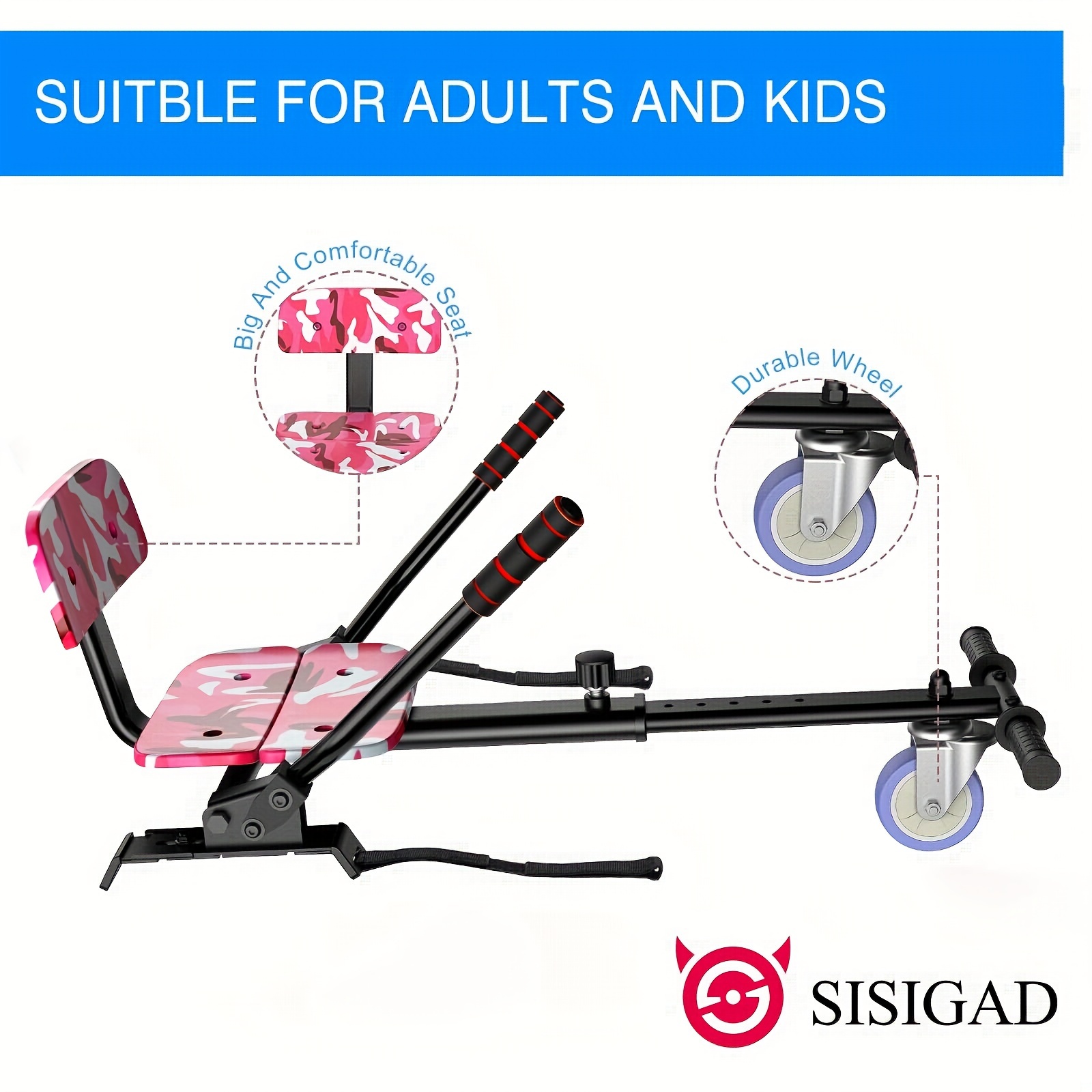 

Sisigad Hoverboard Kart Seat Attachment With Adjustable Frame Compatible With 6.5" 8" 8.5" 10" 2 Wheel Self Balancing Scooter, Camouflage Pink