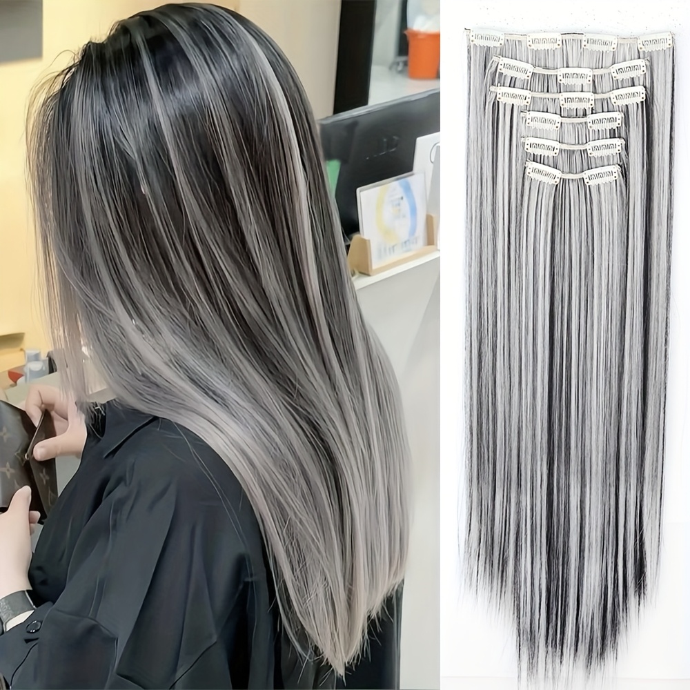 

6pcs/set 24inch Synthetic Chemical Fibre Heat Resistant Clip-in Hair Extensions Wig Black Gray Color Long Straight Hair Wig Piece Suitable For Women All 'day Party Use