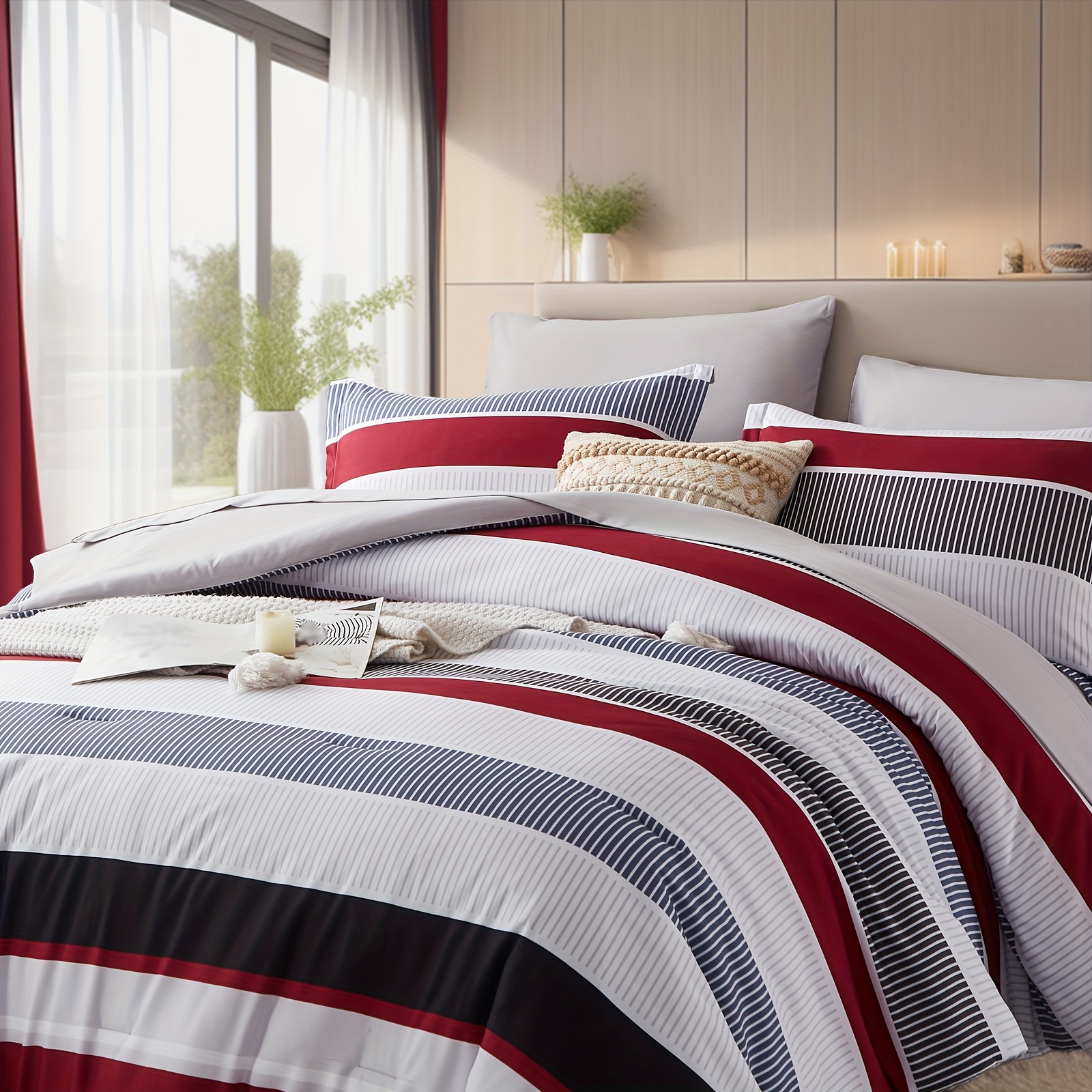 

7pcs Striped Pattern Comforter Set - Stain-resistant, Soft 100% Microfiber Cover, Plush 100% Polyester Fiber Filling, Woven For Durability - Full/queen/king Size Bed In A Bag, Perfect For All Seasons