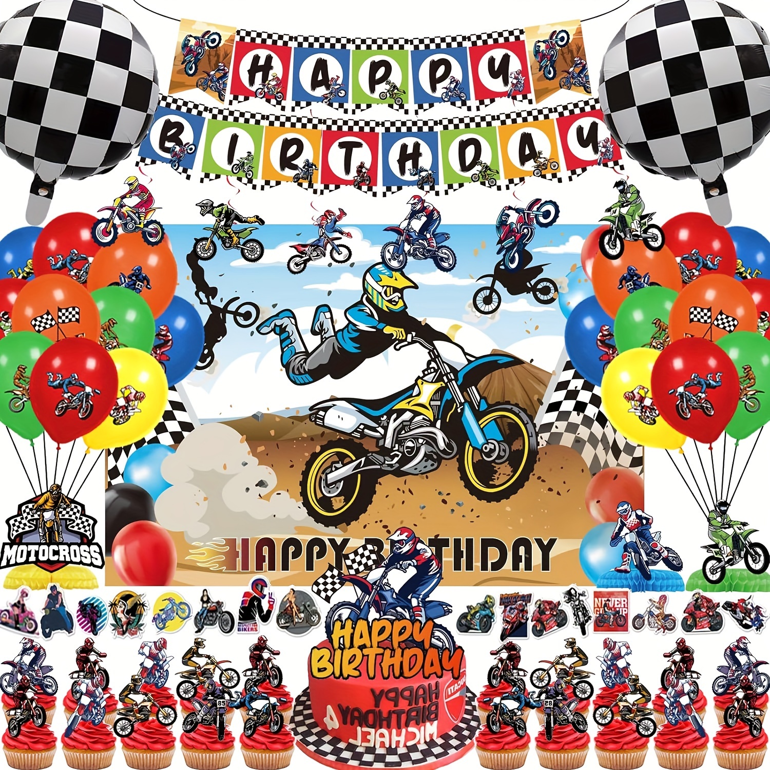 

112pcs Dirt Decorations, Motocross Birthday Party Supplies Includes Banner, Cake Topper, Cupcake Topper, Backdrop, Dirt Supplies, Motorcycle Extreme Sports Party Decorations
