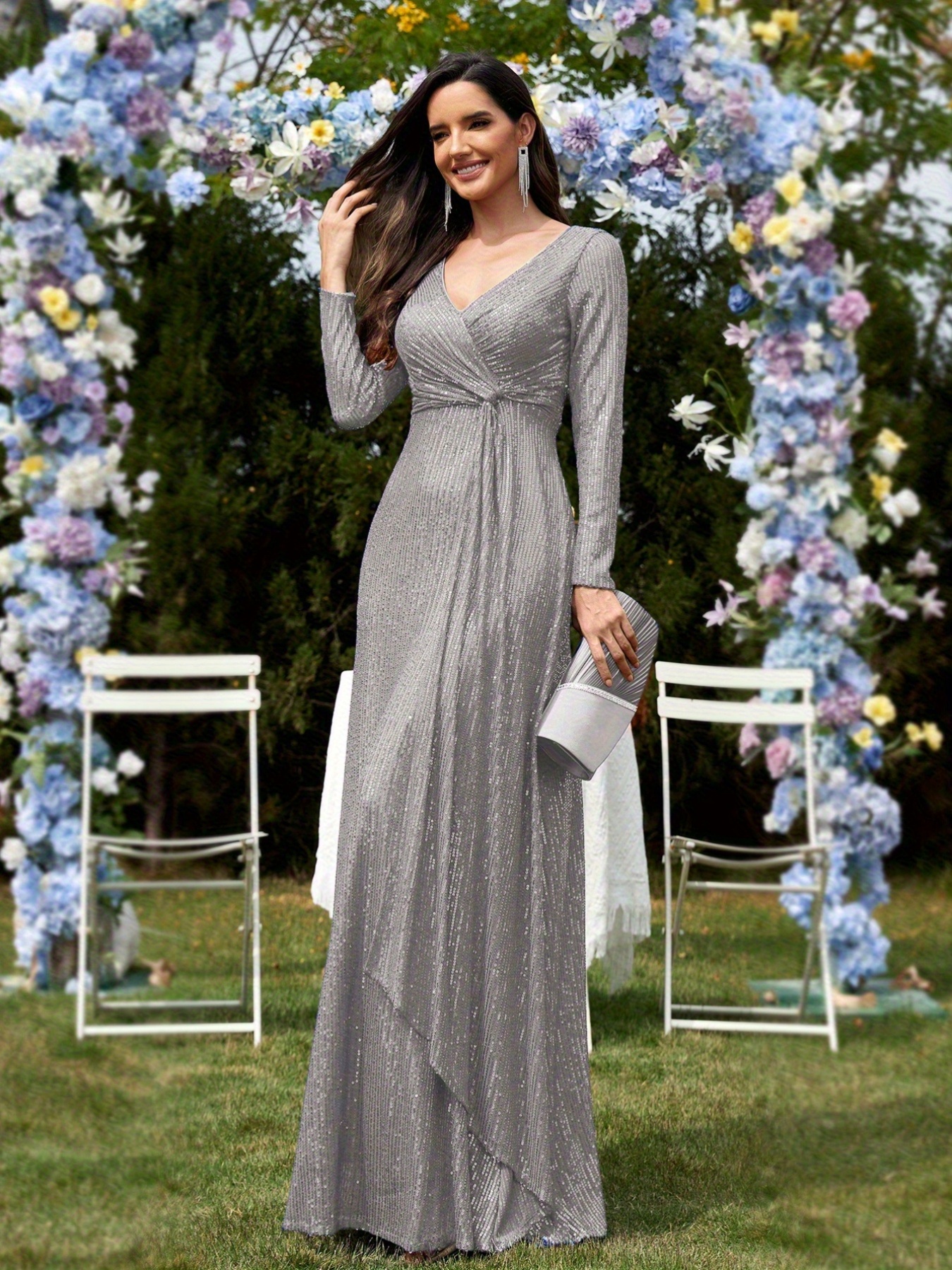 Sequin Long Sleeve V-Neck Twist Waist * Fit Wedding Dress Solid Color  Women'S Elegant Fashion Long Formal Dinner Party Prom Gown