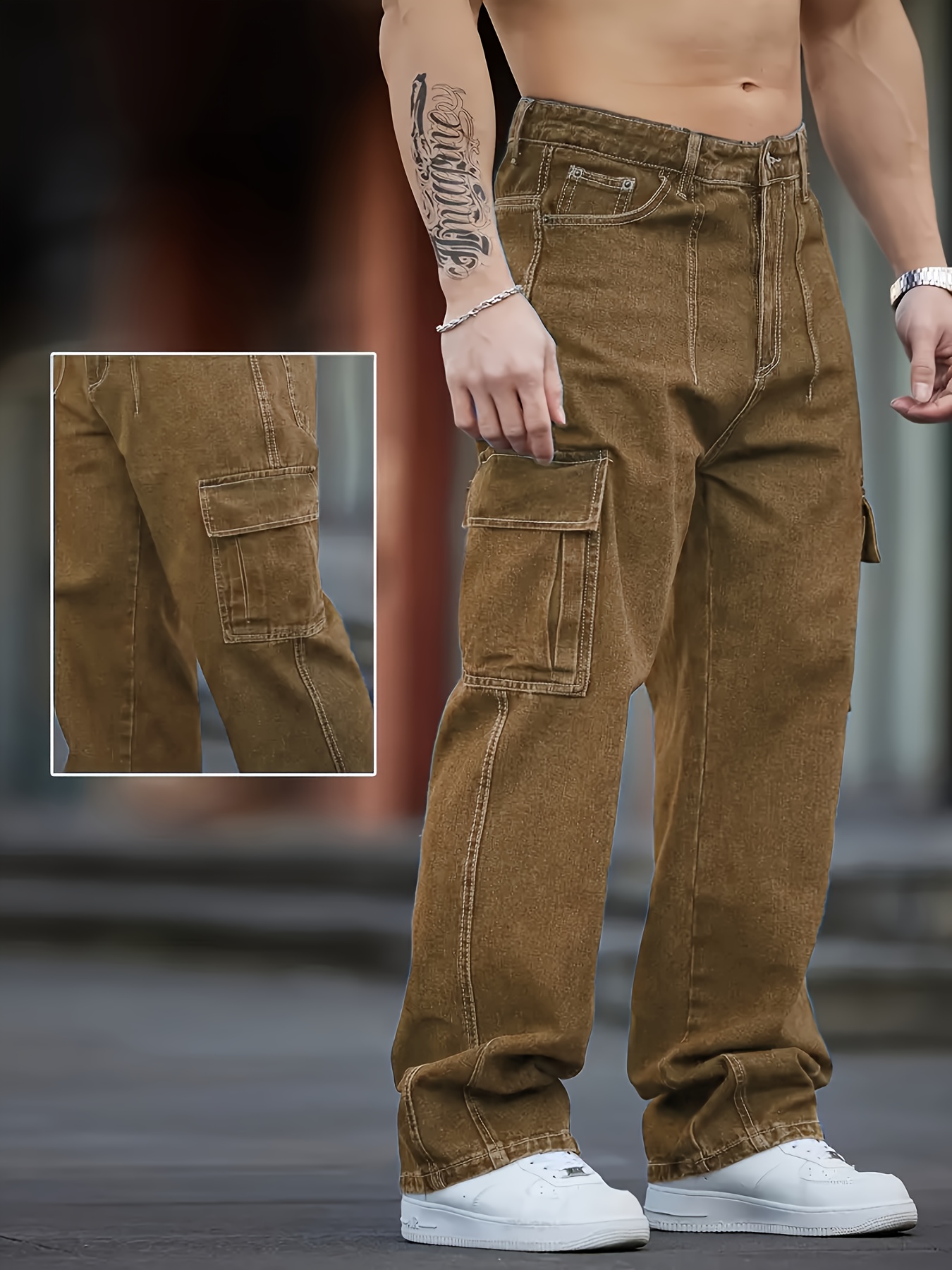 mens washed dark brown cargo jeans multi pocket - Temu Oman