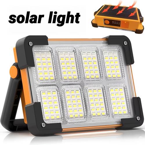 1pc 144 led bead 8 grid emergency light solar powered rechargeable searchlight with 4 lighting led work light with usb charging function long lasting battery portable floodlight transparent mesh surface design with black handle