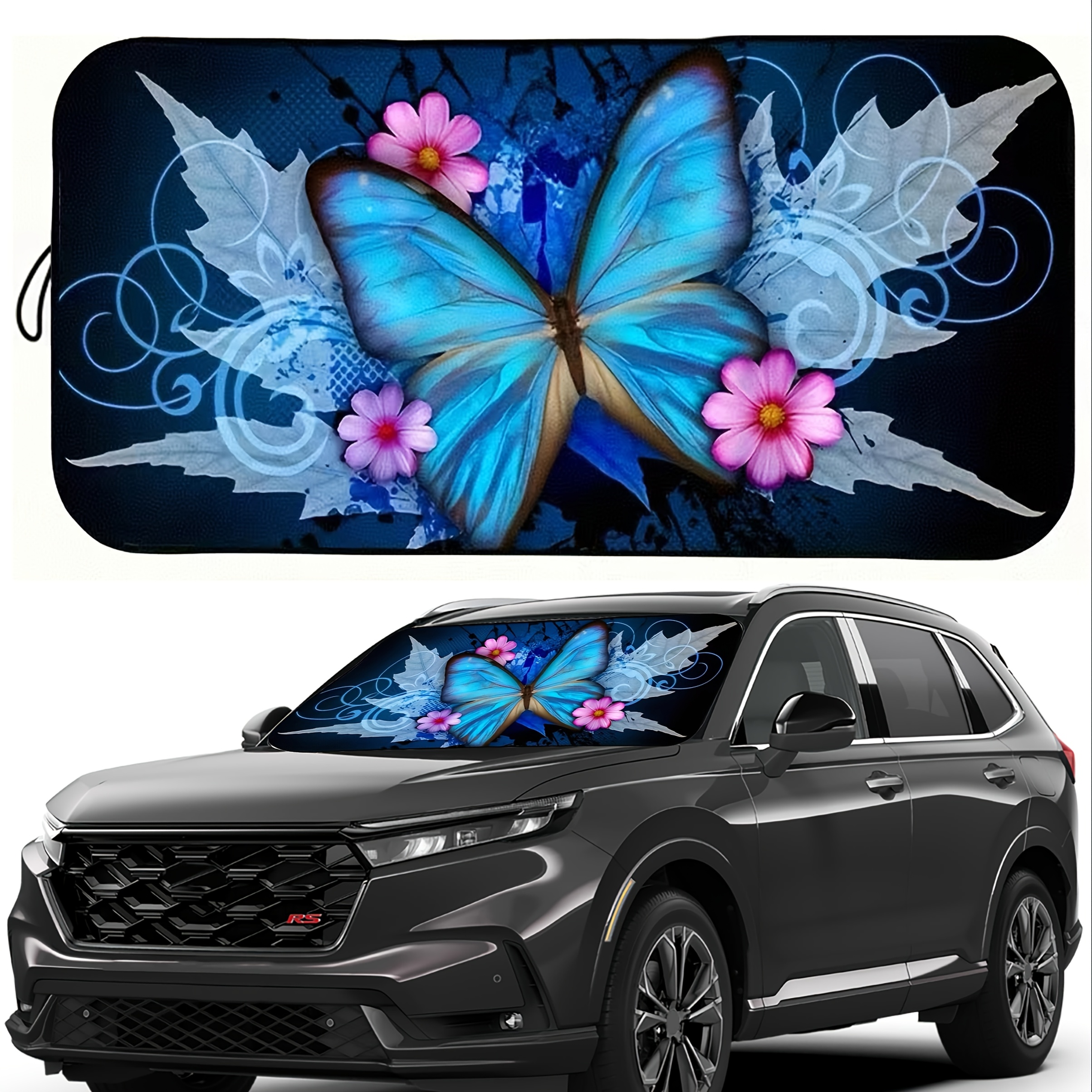 E-shop Schmetterling und Blumenmuster Auto-Sonnenschutz - Polyester Windschutzscheiben-Schutz, Aufrollbar, 59x27 Zoll, Ideal für
