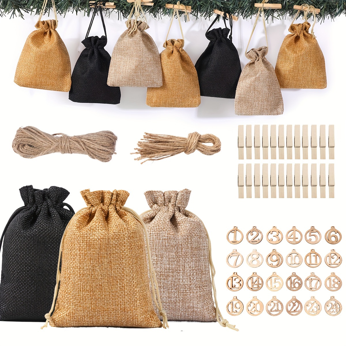 

24-day Burlap Christmas Calendar Set Drawstring Gift Bags, Wooden & Stickers - Diy Decorations