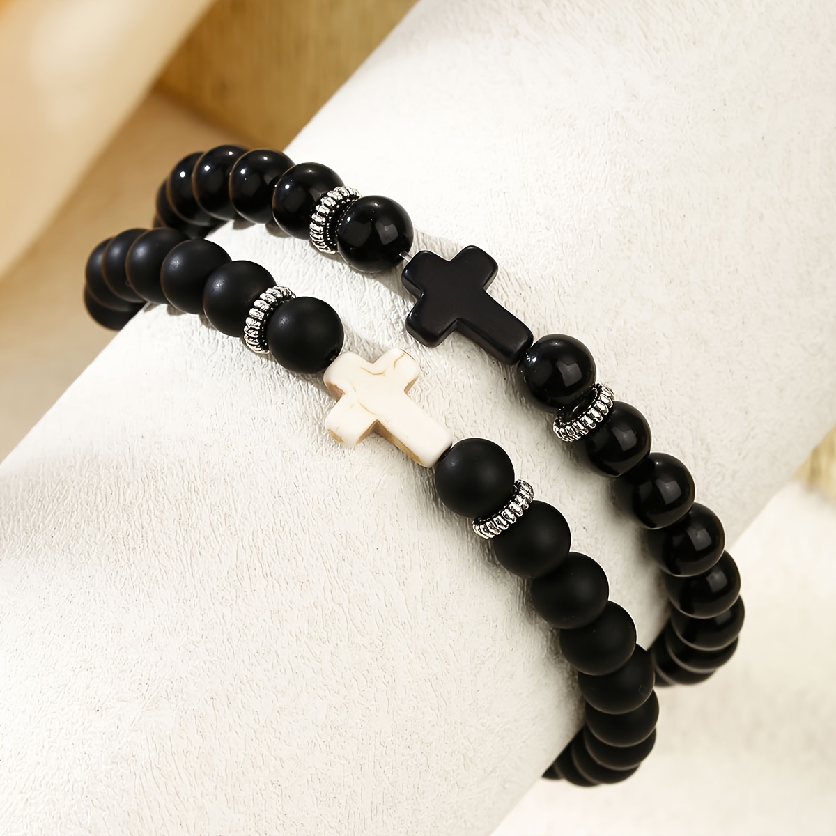 2pcs Men's Black Beaded Bracelets - Glass, Fashionable & Durable