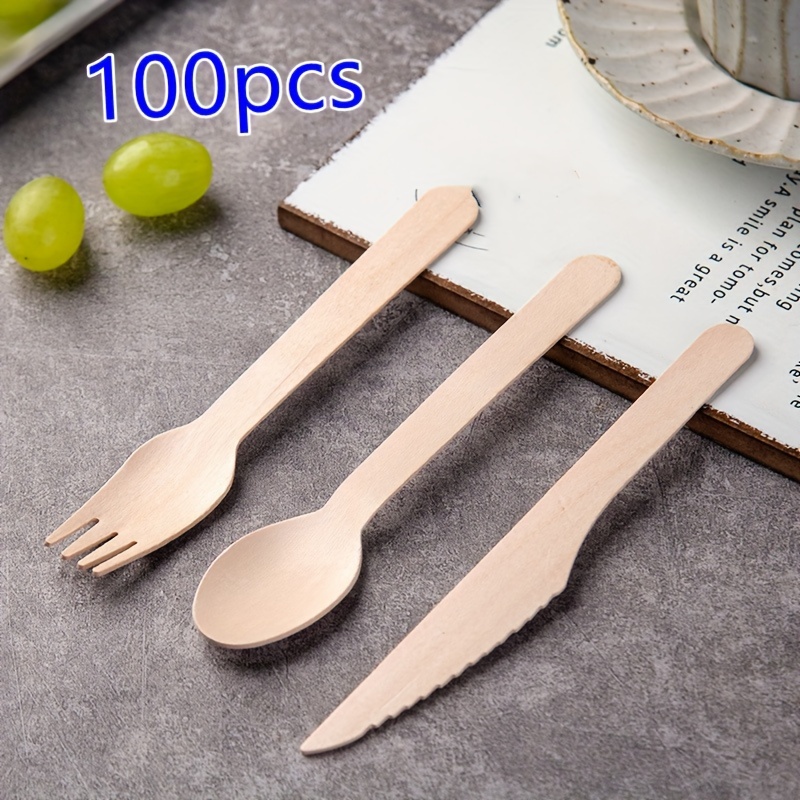 Commerline Set di Posate in Legno Monouso | 200 Pezzi (100 Forchette e 100 Cucchiai) | Stoviglie Ecologiche Usa e Getta per Feste, Picnic, Eventi e Catering