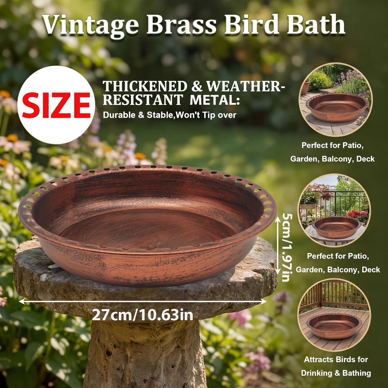 TEMU 1 Vintage Metal Outdoor Bird Bath, Diameter 10.6 Inches, Depth 1.97 Inches, Sturdy And Durable Bird Bath, Large Capacity Bird Bath/bird Feeder,