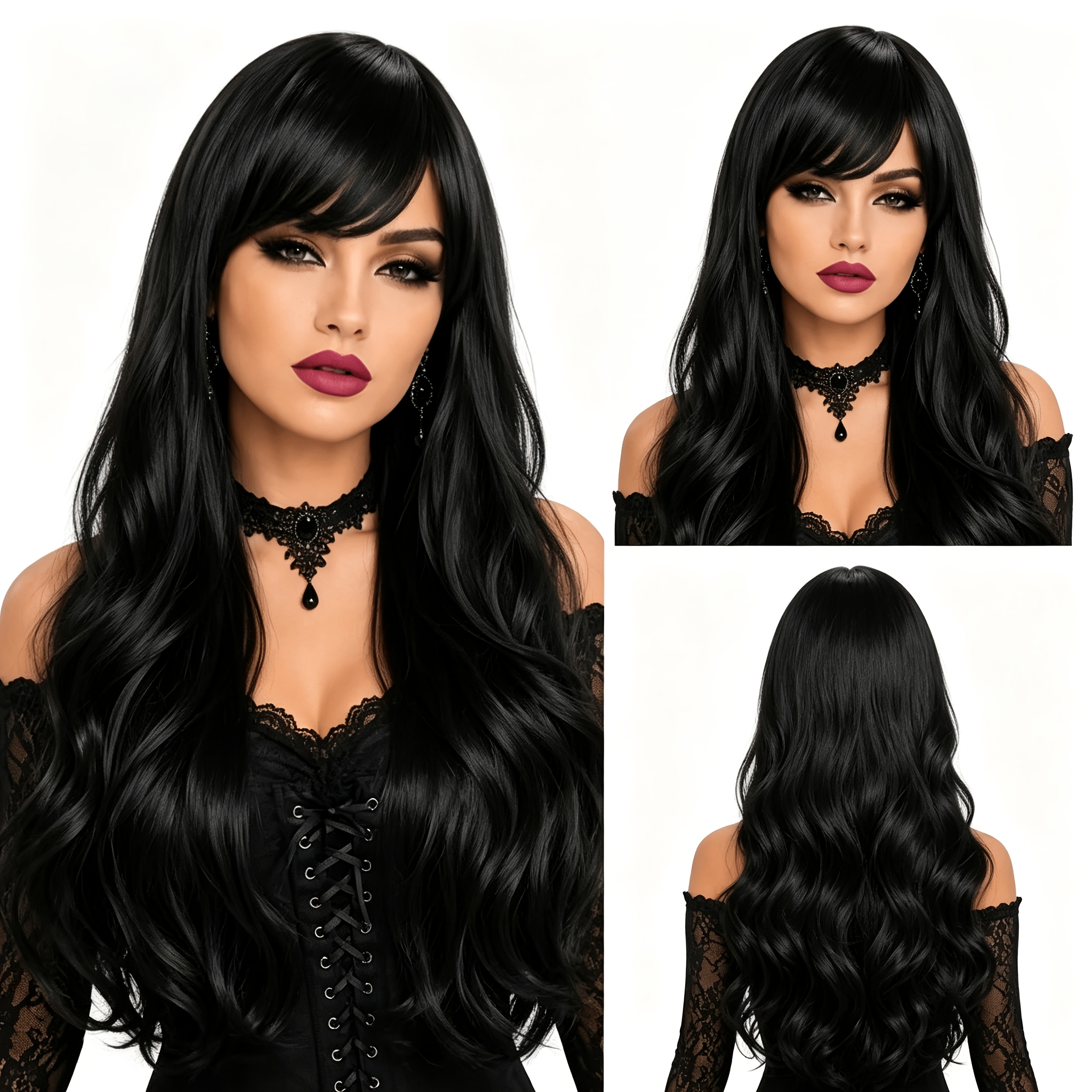 TEMU Peluca larga negra para mujer de 80 cm (32 pulgadas), flequillo lateral, cabello sintético sin encaje, rizos voluminosos resistentes al ,