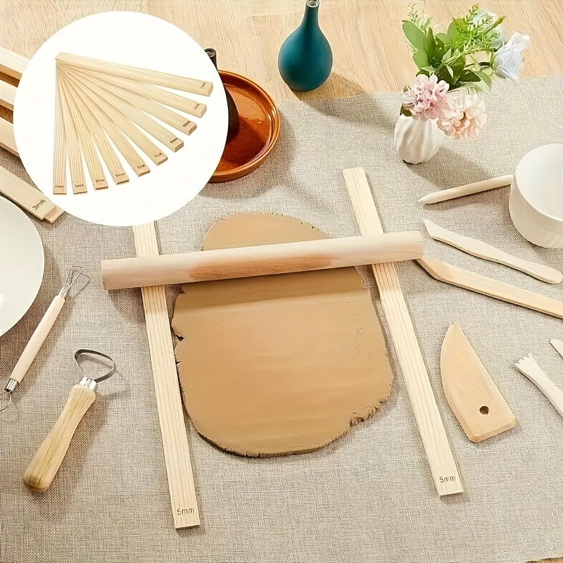 

10pcs Pottery & Sculpting Tool Set - Wooden Clay Roller, Guide Rods & Pin Thickness Control