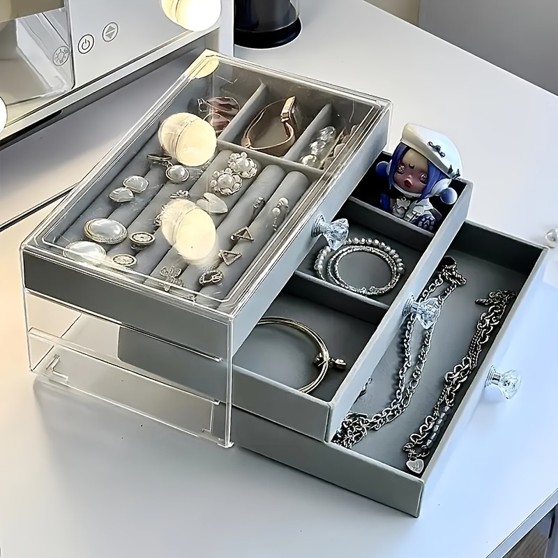 transparent plastic jewelry storage box with drawers - compact and durable, suitable for earrings, rings necklaces bracelets & pendants, jewelry storage organizer, jewelry box, large jewelry organizer storage, jewellery case, jewelry box packaging, earring organizer, necklace holder, minimalist organizer, contemporary design, sturdy construction, fabriclined interior, drawer organizer, fashion accessories Product details 2