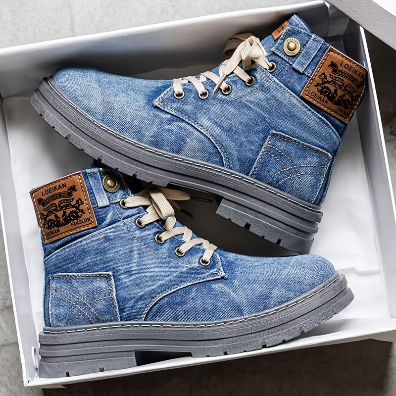 TEMU Men's Retro Denim Boots, Chunky Sole High Top Lace-up Shoes, Non-slip Hiking Outdoor Boots, Comfortable Platform Shoes For Walking Trekking