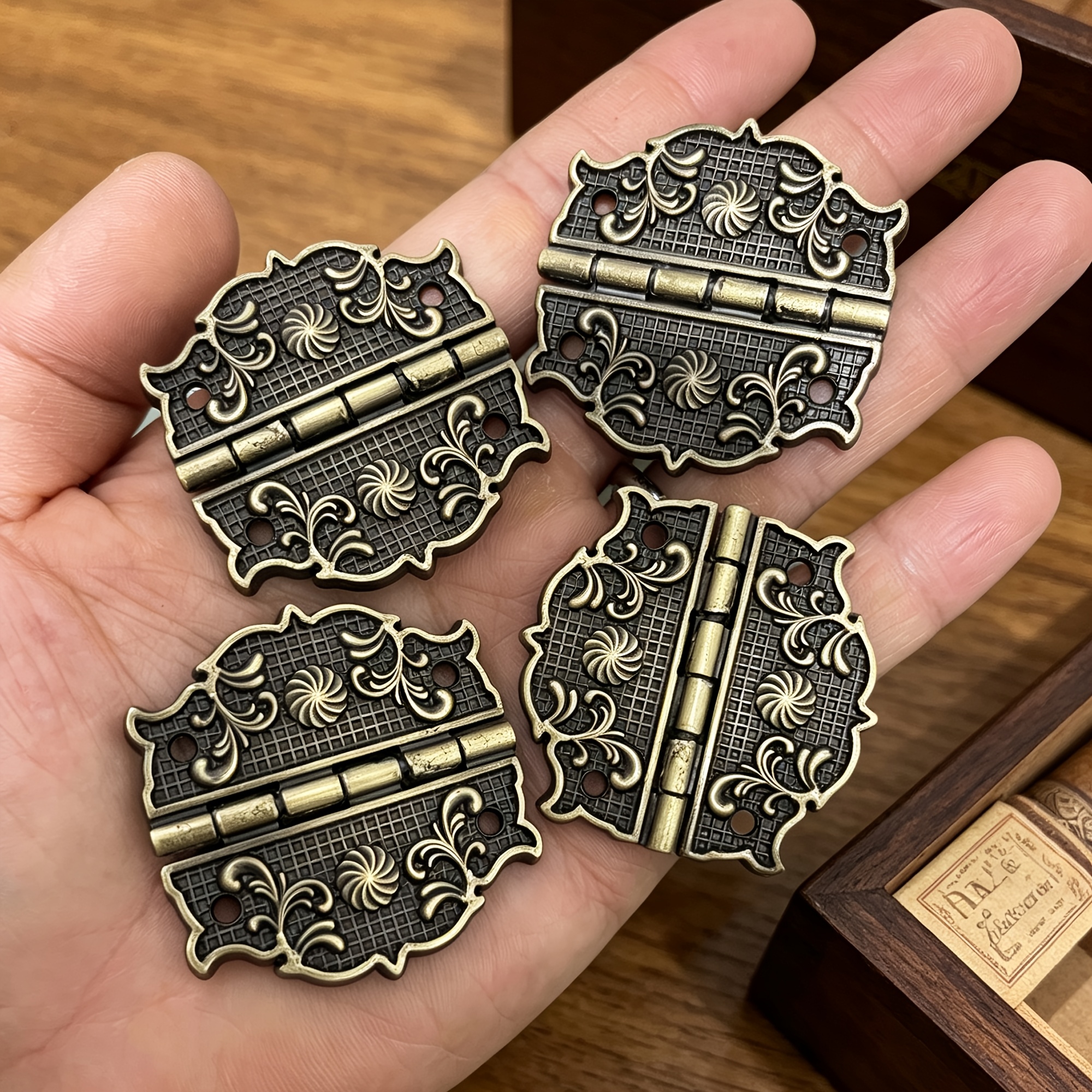 TEMU 4pcs Set Of Retro Bronze Thickened Sturdy Hardware Alloy Hinges For Cabinets, Wooden Boxes And Gift Boxes