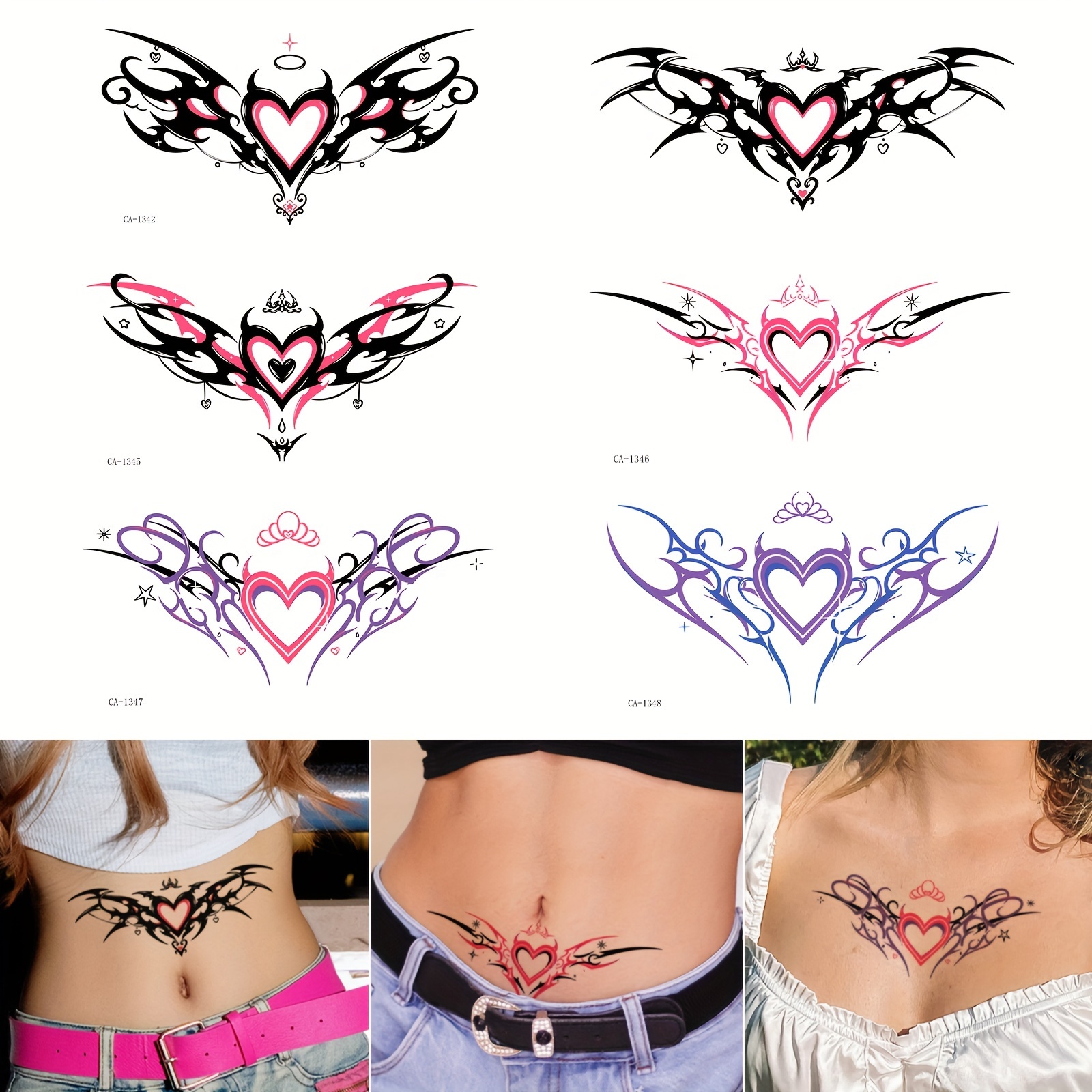 Sei adesivi tatuaggio temporanei a forma di cuore, impermeabili e  resistenti al * pro*ti per * e vita, usa e *, image size:1600x1600