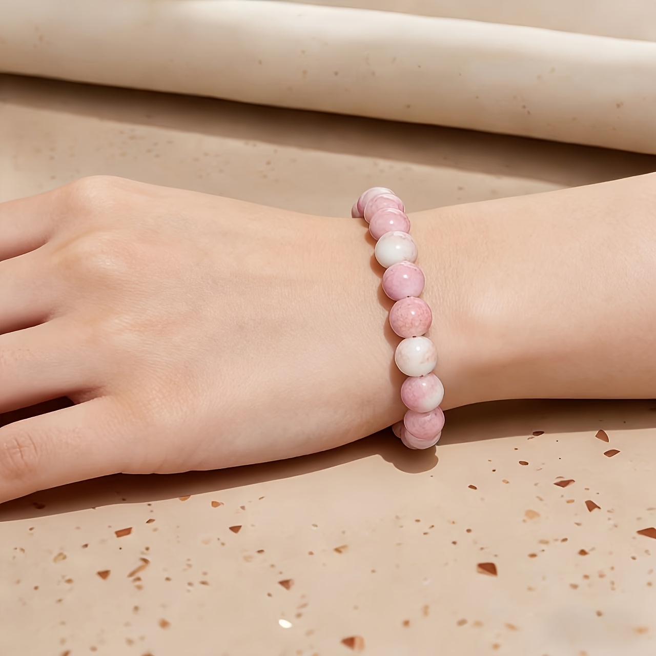 TEMU 1pc Magenta Cat Eye Amethyst Bead Bracelet, 8mm Round Gemstone Elastic Bangle, Elegant Women's Gift, Fits Wrist Sizes 7-8.7 Inches. Adjustable