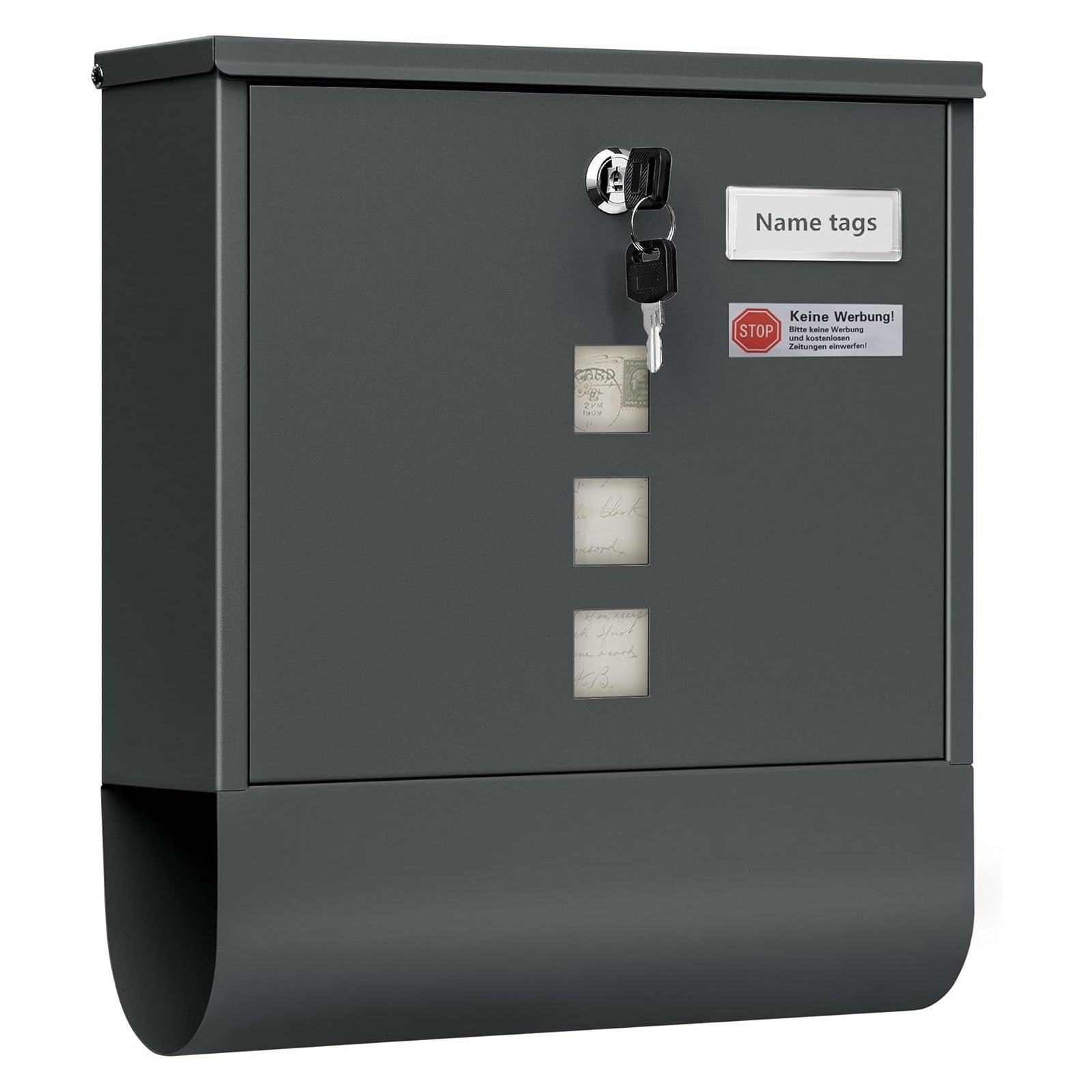 Image of Single Unit Mailbox Featuring A Compartment For Newspapers, Transparent Viewing Panels, A Nameplate, Secure Locking Mechanism, Designed For Wall Installation, With , , Dimensions 33.5 X 30 X 9.5 Cm