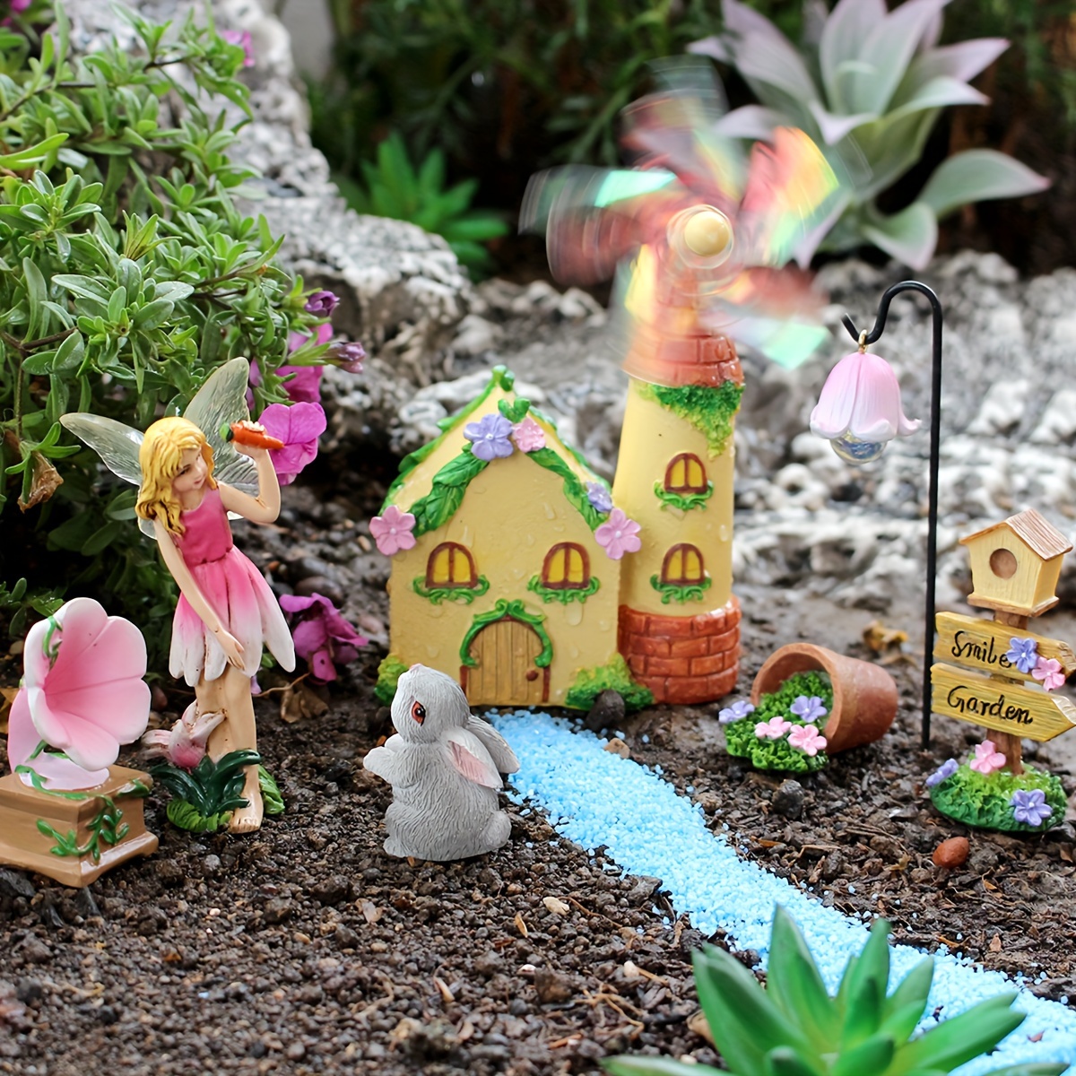7つの樹脂製花の妖精ウサギ風車の家庭用庭園装飾 庭の妖精の家の別荘装飾セット 妖精の庭のキット ミニ妖精の庭のアクセサリ - Temu Japan