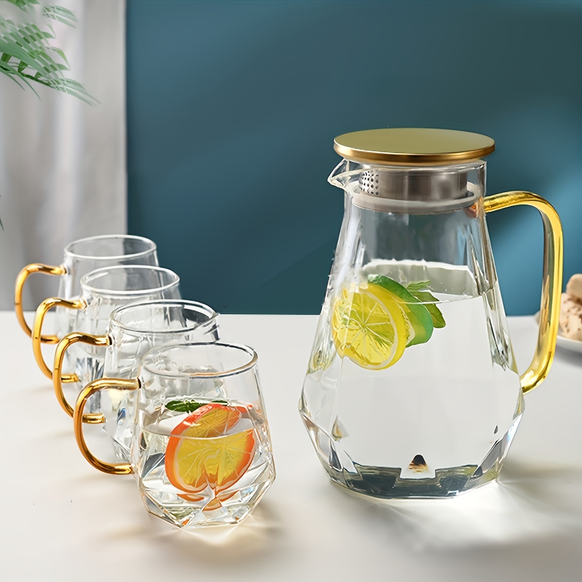 50.72oz Water Jug And 4-Cup Set, Side Glass Cup Set, High Borosilicate  Glass Water Jug Lid, Cold And Hot Water Resistant, Ice And Hot Liquid  Container, Home Beverage Machine Lemonade, Loose Leaf Tea * ...
