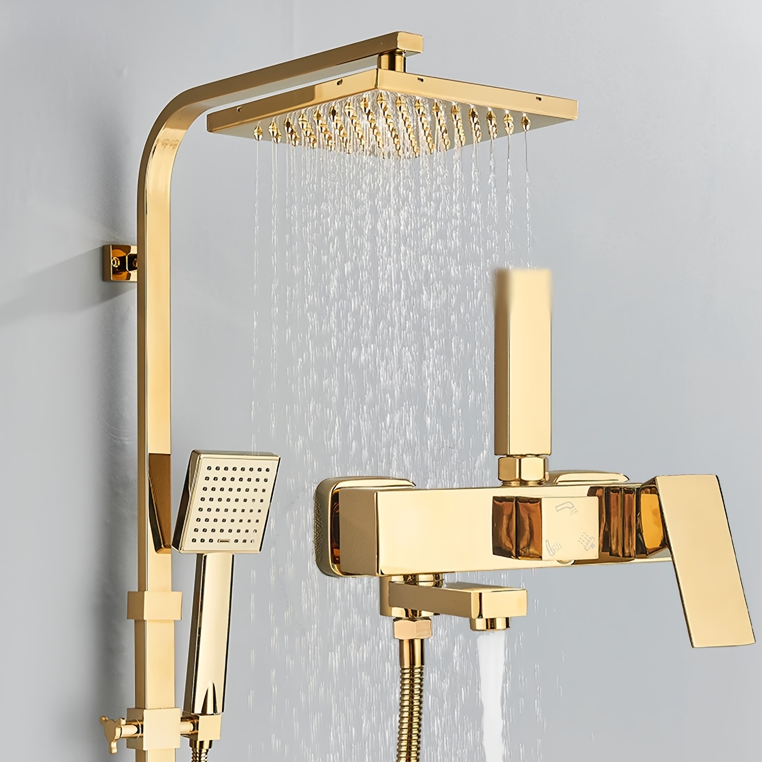Modern Square Golden Shower Faucet System with Rainfall Shower Head