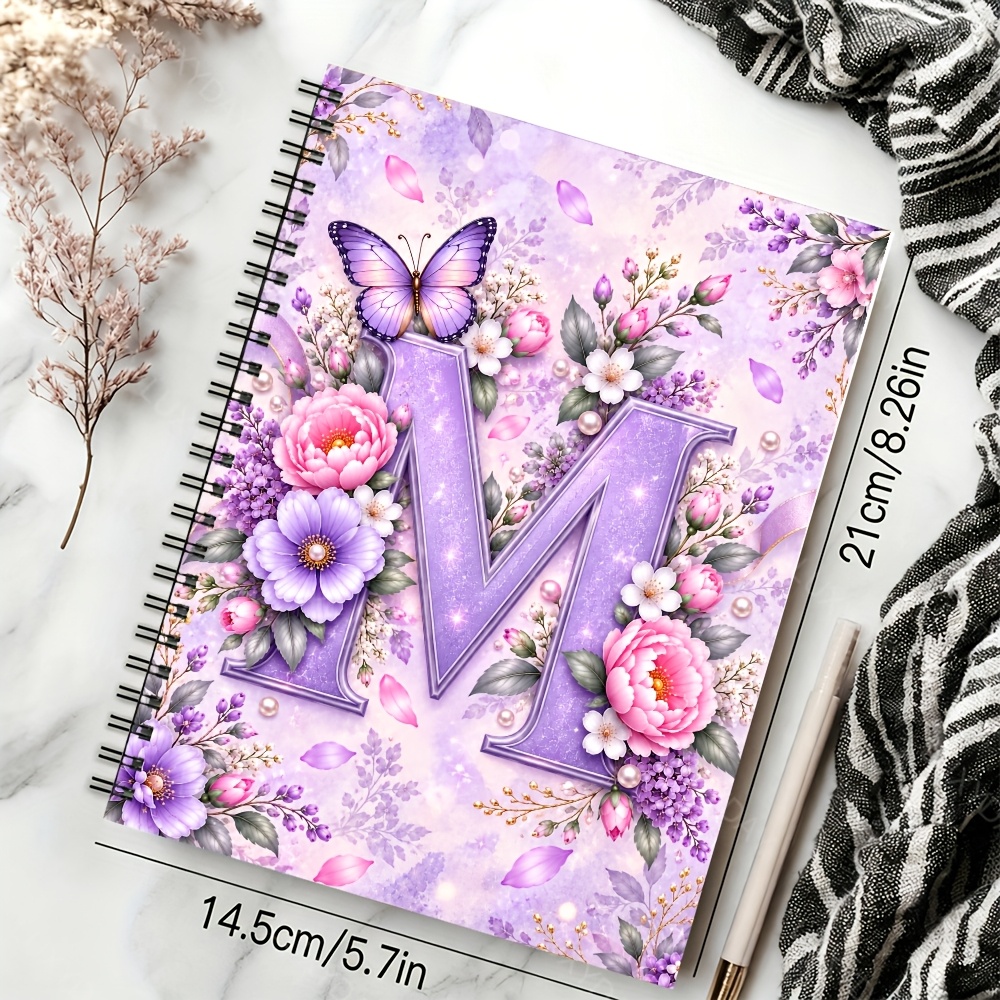 TEMU Purple Starry Initial Floral A5 Spiral Notebook, , Flowers, Pearl And Falling Petal Cover For Journal, , Work Notes, And Daily Writing, 1pc, 60