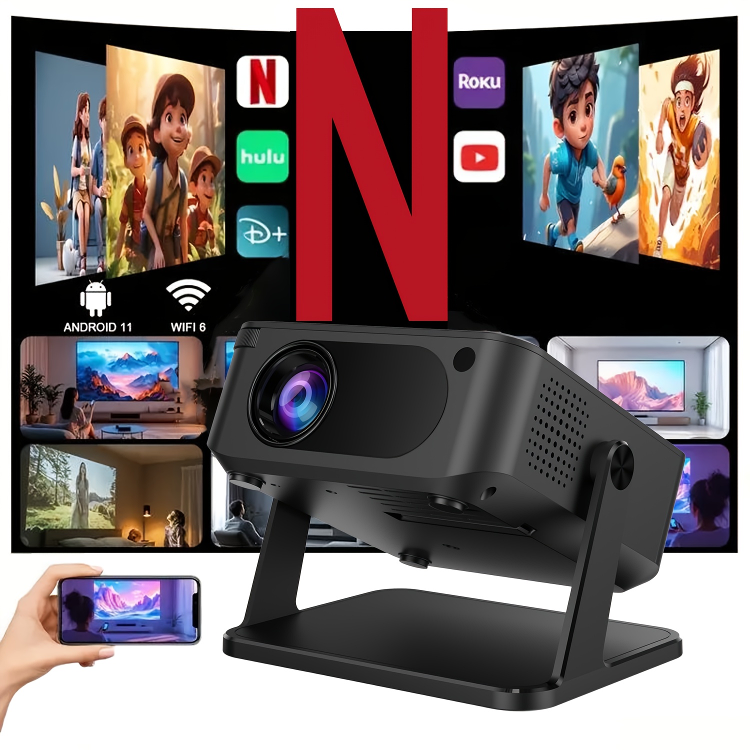 Pametni prenosni projektor z vgrajenim 11, WiFi in brezžičnim 5.0, glasovnim upravljanjem, 130 lumnov, podporo za 4K in ločljivost 720P,