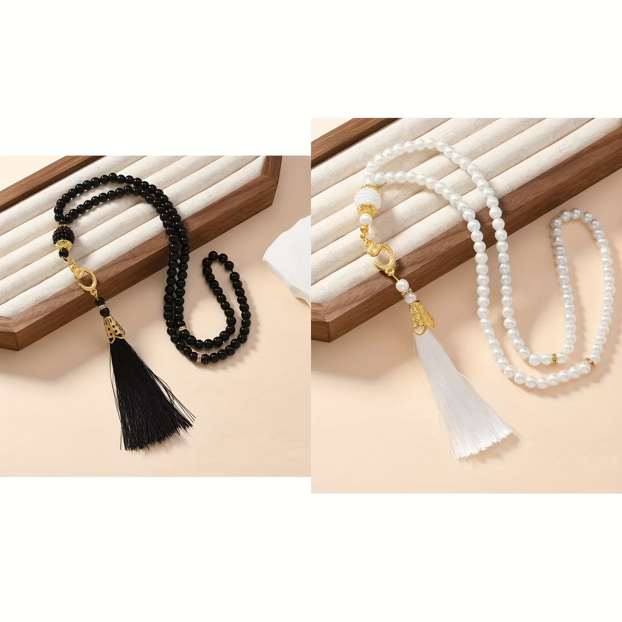 E-shop 2 elegante Gebetsperlenketten, jede aus 99 Perlen bestehend und mit fließenden Quasten versehen. Sie sind für tägliche Gebete und festliche