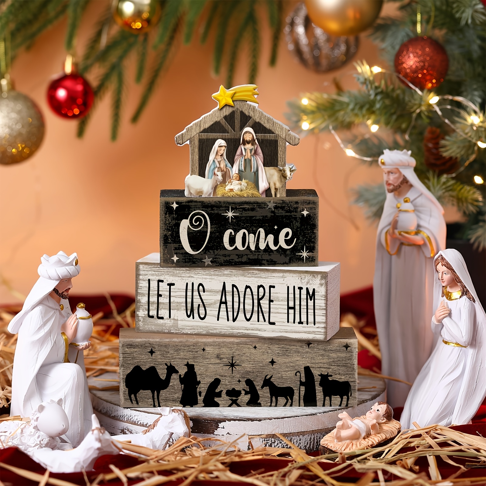 TEMU Christmas Party Table Centerpiece, Christian Wooden Stacked Block Decor, With Nativity Scene Ornament, Winter And Christmas Home Decor, Country