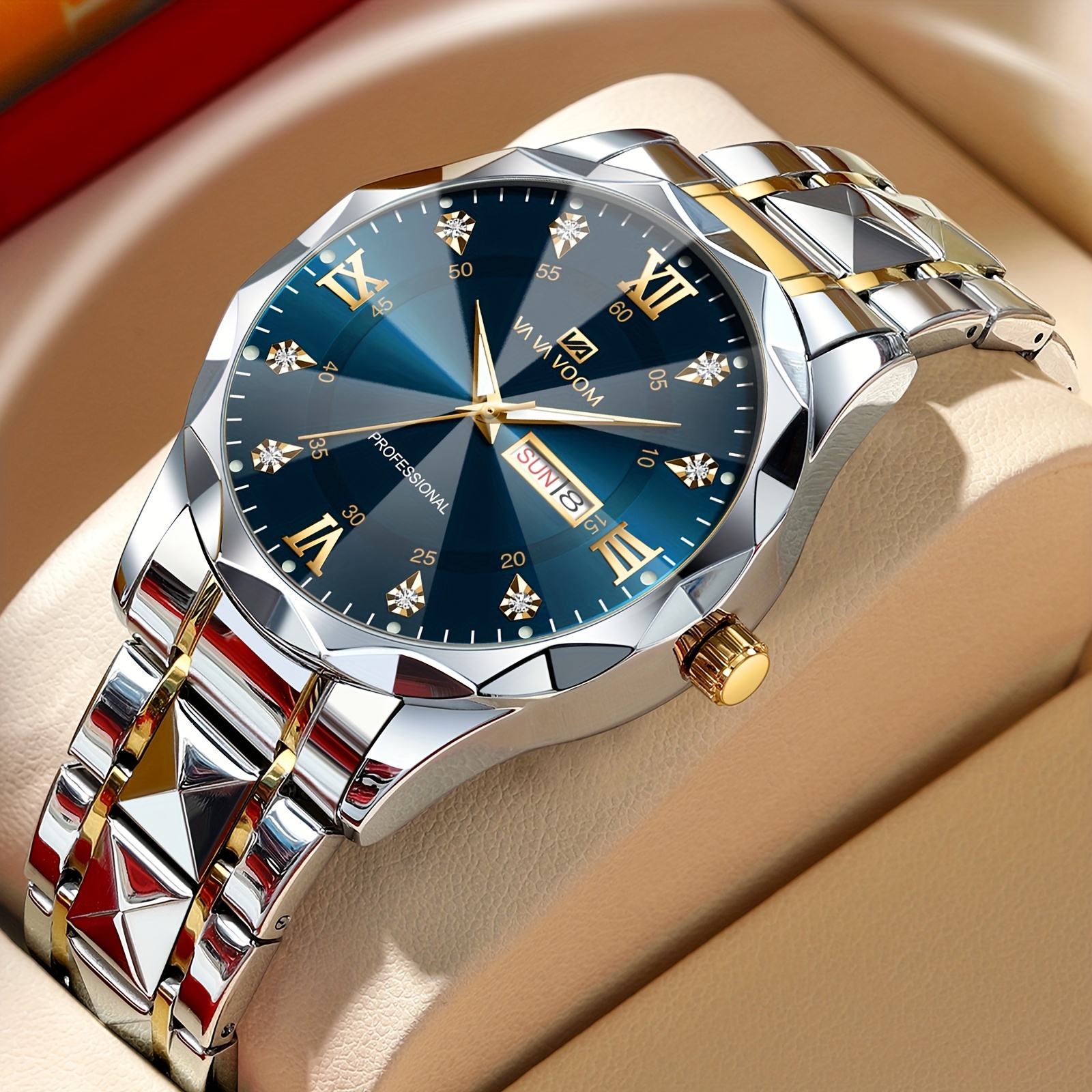 Reloj de Acero Inoxidable Estilo Empresarial de Lujo para Hombres con Movimiento de Cuarzo y Remaches Luminosos, Marca VA VA VOOM, Azul Dorado Elegante, Regalo de Estilo Deportivo y Ocio