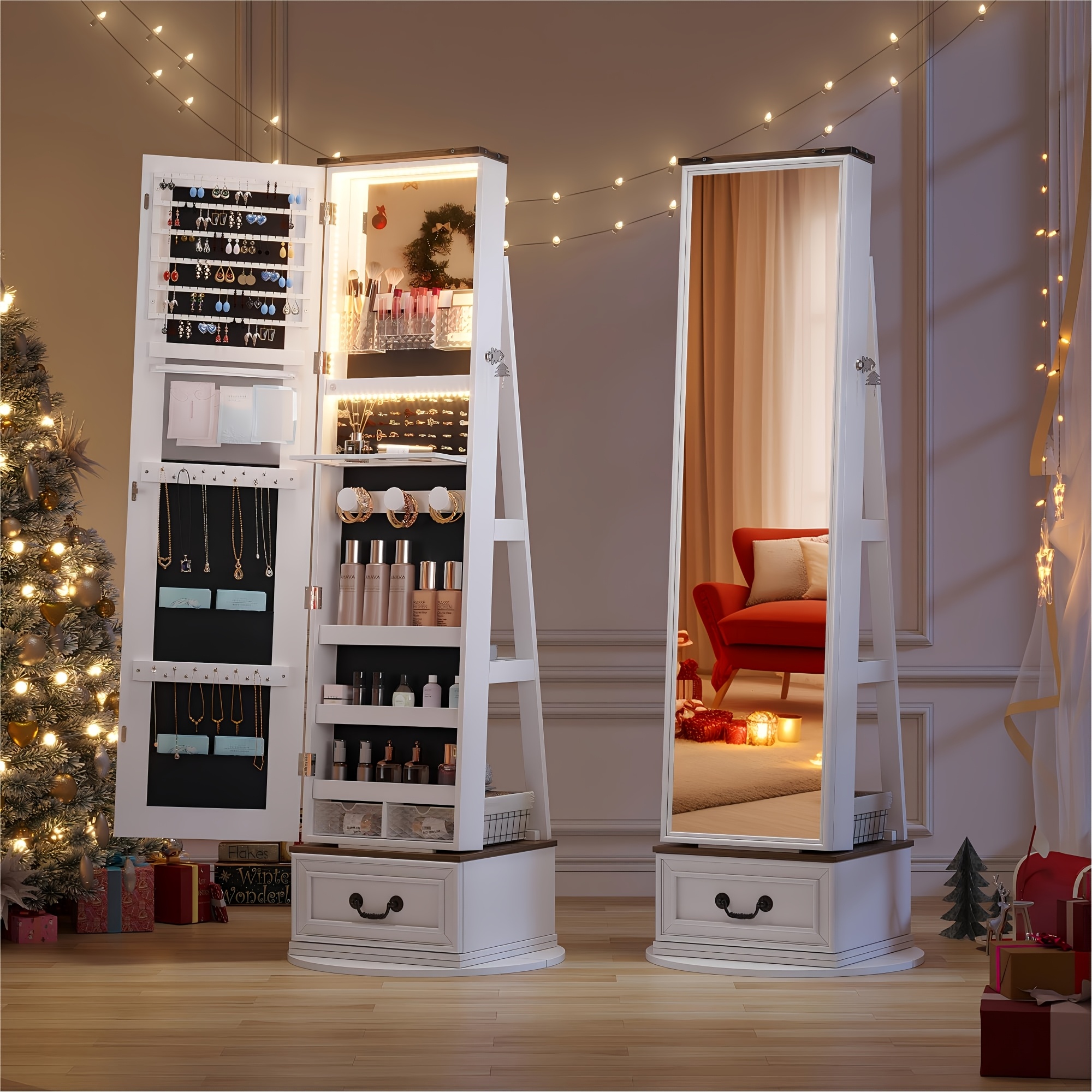 TEMU Vintage-inspired Jewelry Mirror Cabinet With Lights - Lockable, Full Length Organizer With Storage Drawer For Bedroom Decor