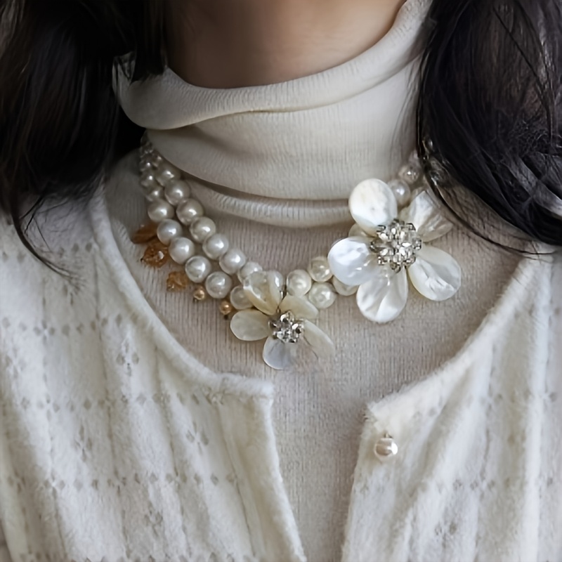 Women's Seashell Poetry Double Layer Pearl Necklace, Floral